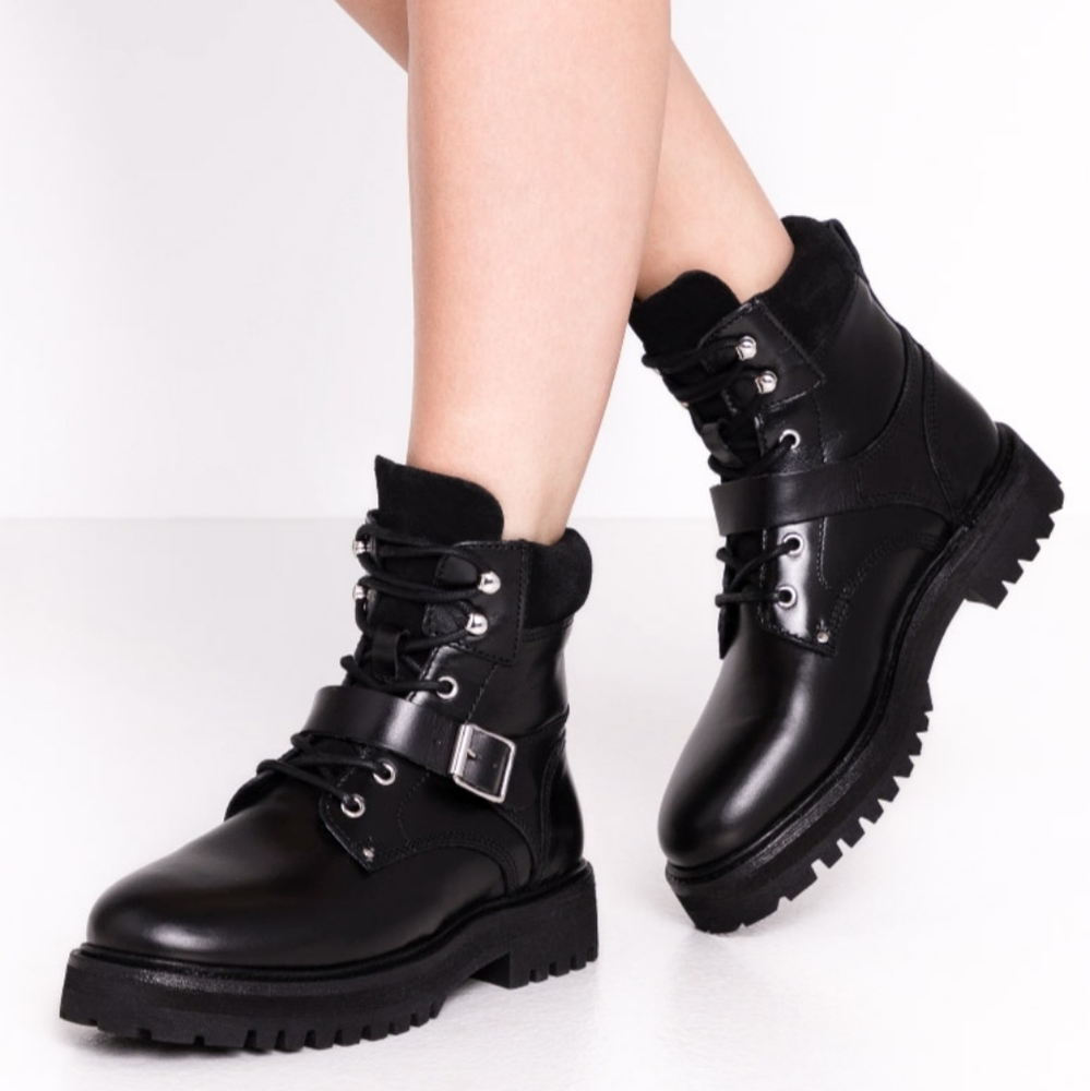 New ALLSAINTS Combat Boots • Paulina Black Leather • Lace Up Buckle 8 9 …